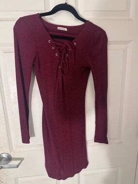 Heart Hips Burgundy Lace-Up Ribbed Long Sleeve Dress